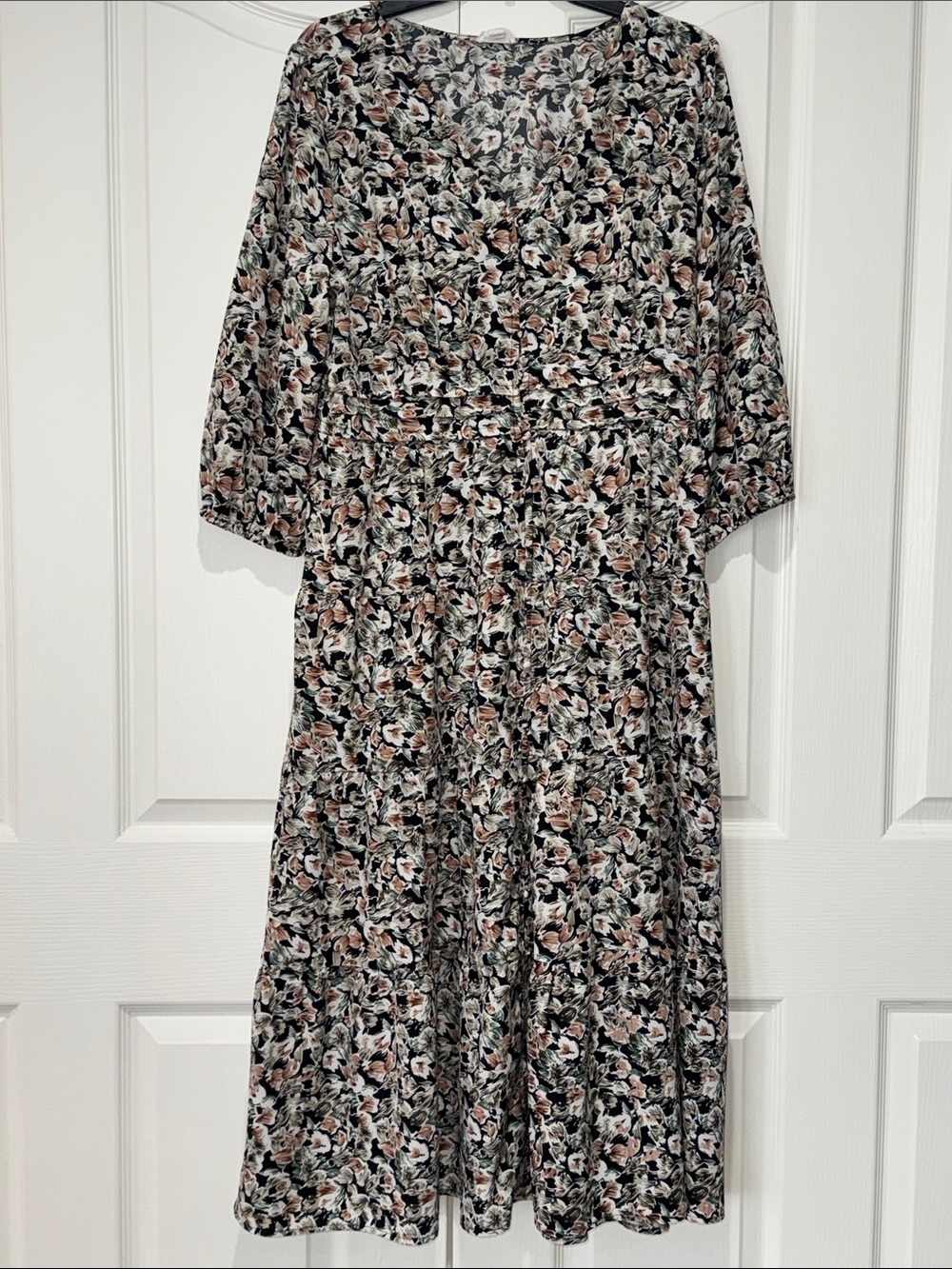 Tribal Black Floral Midi Dress with Blush Accents